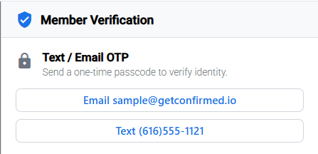 Member verification panel sending a one-time passcode by email or text