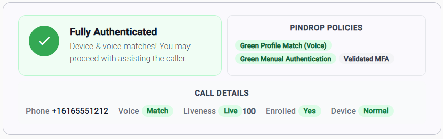 Fully authenticated — voice match, liveness, and device confirmed in the call details panel